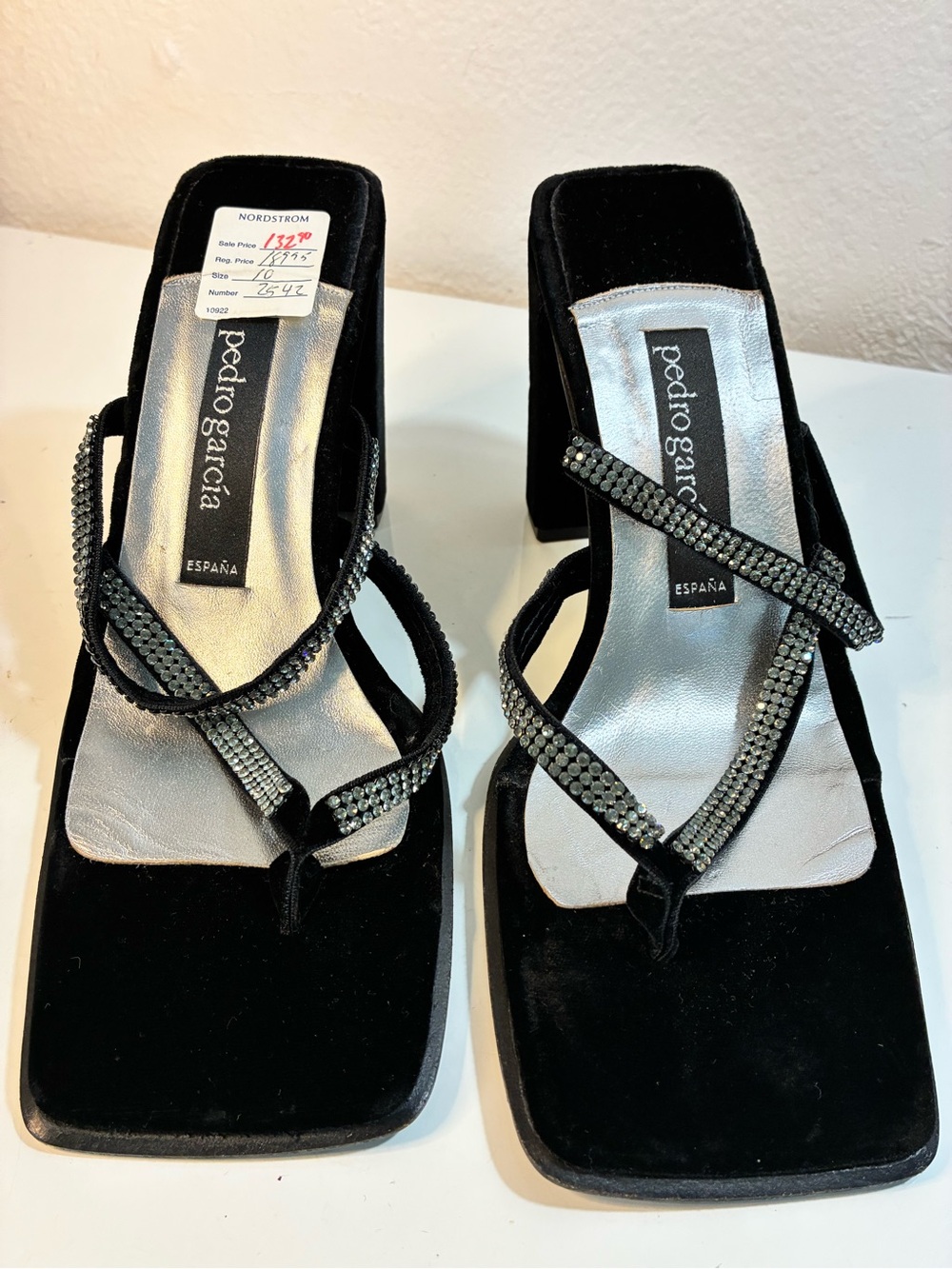 VTG Pedro Garcia 10 40 BLK Velvet Swarovski Crystal Strappy Thong Square Sandals